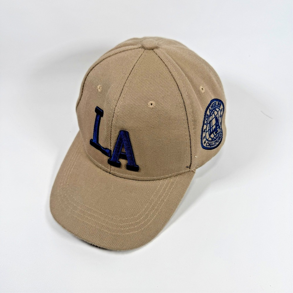 Los Angeles California Hat LA Globe Side Patch‎ Khaki Tan Blue Strapback Cap